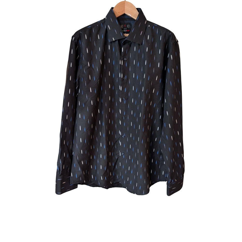 Azaro Uomo Mens XL Black Blue Silver Abstract Dash Button Down Shirt Long Sleeve